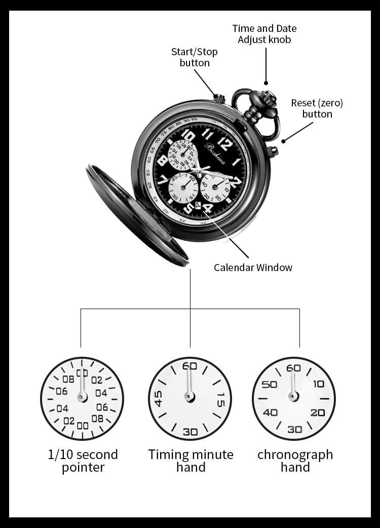 BOSHIYA Orologio da tasca multifunzione con cronometro, calendario, argento, oro, nero, con cinturino