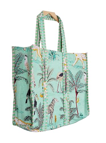 Image of Quilted Cotton Hand printed Reversible Large multicolor cotton Tote Bag,Indian Handmade Block Printed Tote Bag Women Handbag