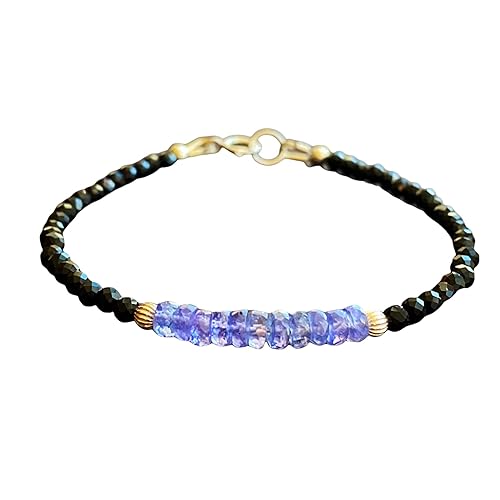 Tanzanite beaded bracelet black tourmaline gemstone sterling silver handmade gift jewelry for women birthday anniversary