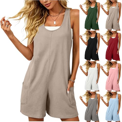 BFAFEN Linen Overalls for Women Shorts Linen Rompers for Women Dressy Summer Sleeveless Tank Jumpsuit Shorts Baggy Casual Beach Short Overalls with Pockets