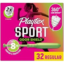 سدادات حماية من الرائحة الرياضية من Playtex ذات امتصاص منتظم، غير معطر - 32 قيراط | سدادات قطنية عادية للنساء، العناية بالأنوثة، سدادة Playtex مع 360 دفاعًا عن التسرب والتحكم في الرائحة
