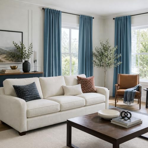Image of Faux Linen Total Blackout Curtains for Bedroom 90 Inches Long, Stone Blue