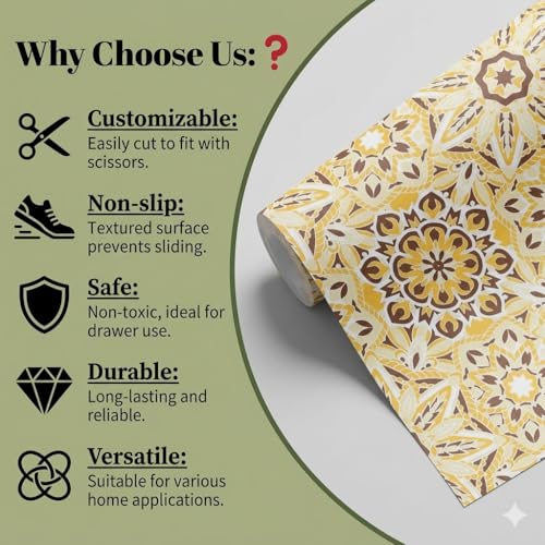 Image of Dribble EVA Shelf Liner Mat 45x500cm Roll, Non Slip Drawer & Cabinet Liner for Kitchen, Waterproof Oilproof Washable Fridge Mat, Anti Skid Cupboard Wardrobe Multipurpose Mat (Yellow Mandala Art)