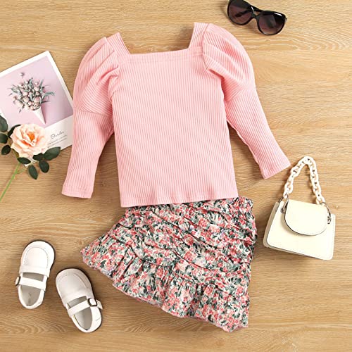 Patpat 2Pcs Toddler Baby Girl Skirt Outfit Sweet Long Puff-Sleeve Ribbed Tee And Floral Print Ruffle Skirt Set #TOP2