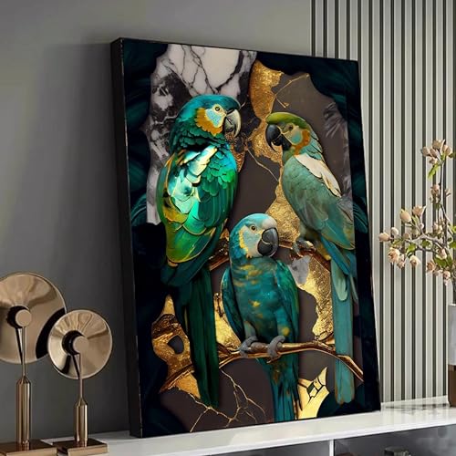 Tableau perroquets bleus YUSUZHU peinture oiseaux exotiques marbre doré grand format 70x100cm