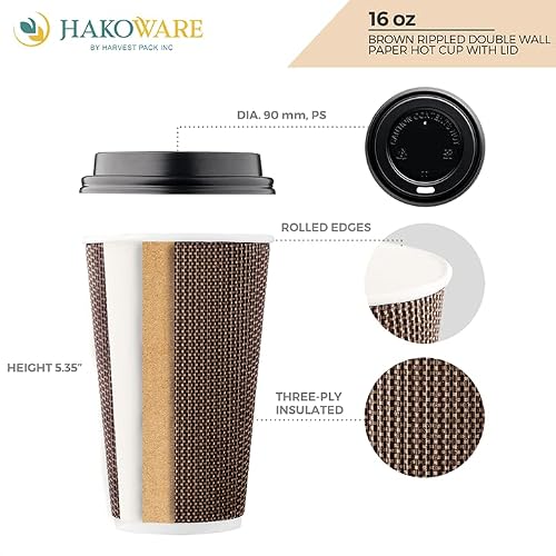 Harvest Pack GOURMET SHOWCASE [340 COUNT] HAKOWARE 16 oz Disposable Coffee Cups, Insulated Ripple Double-Walled Paper Cup with Lid, Brown Geometric, Tea Hot Chocolate Drinks Togo - Thumbnail 2