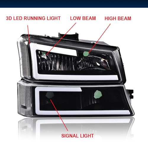 Image of GRAND ORANGE LED DRL Headlight Assembly Compatible with Chevy Silverado 1500 2500 3500 HD Models 2003-2006 / Fit Avalanche 1500 2500 03-06 Headlamp Clear lens Black Housing Clear Reflector