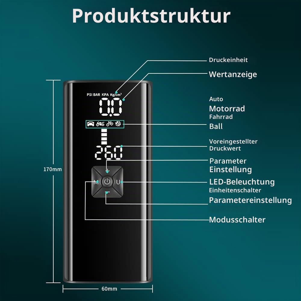 Elektrische Luftpumpe Akku 8000mAh 40db Leise Lautstärke Fahrrad Pumpe Elektrische 150 PSI Mini Kompressor mit Powerbank LED Notlicht für Auto Fahrrad Motorrad Ball Scooter, 4 Gasnadel