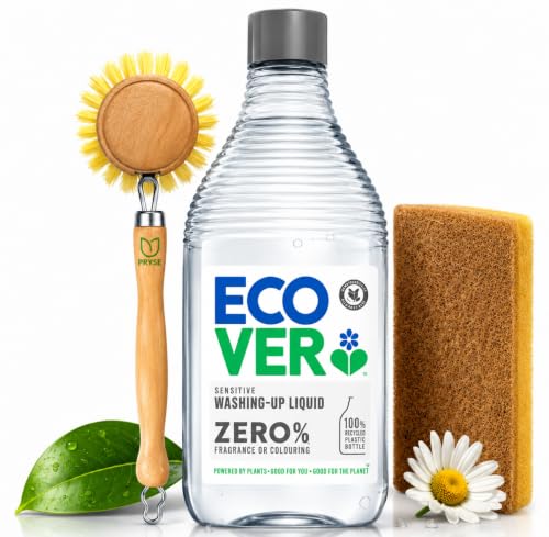 Eco Friendly Cleaning Bundle Ecover Zero Washing Up Liquid 450ml with Pryse Compostable Eco Sponge Scourer & Wooden Dish Brush
