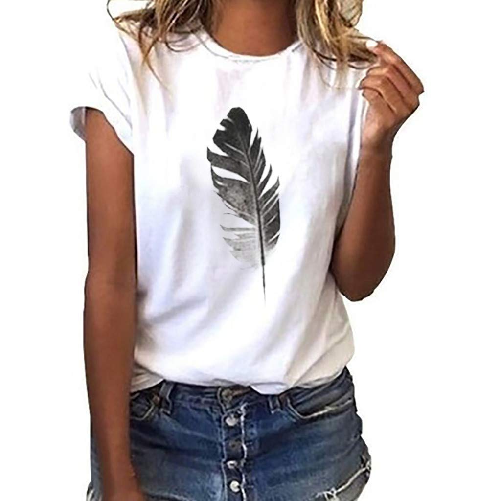 VEMOW Tops Mujer Camiseta Blusas Suelta de Manga Corta con Estampado de Hojas para Mujer Informal con Cuello de Pico Tops
