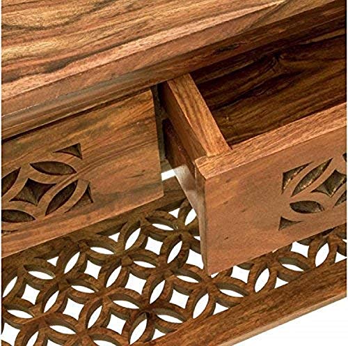 Image of Solid Sheesham Wood Console Table for Living Room | Entryway Hallway Sofa & Fish Tank Table with 2 Drawers & Shelf Storage | Wooden Side Entrance Furniture | Rosewood Honey Finish