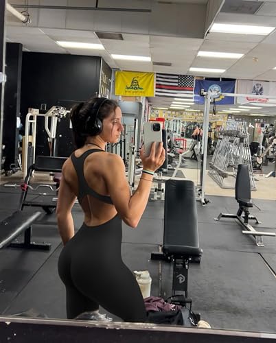 RXRXCOCO Gerippte Ärmellos Jumpsuits Damen Lang Eng Tank Rückenfreie Padded Einteiler Bauchweg Sport Yoga Overall Romper Schwarz M