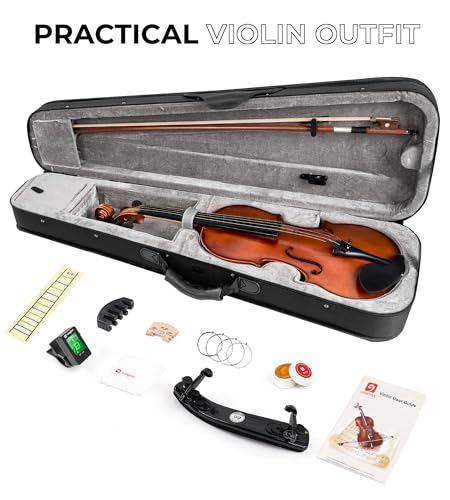 Vangoa 4/4 Violine Massivholz Geige Anfänger Akustische Violin Set für Erwachsene, Einsteiger und Kinder mit Violinenkoffer, Schulterstütze, Kolophonium, Saiten, Handbuch, Dämpfer, Noten-Aufkleber