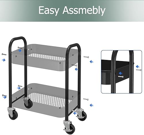 Miniatura 7 de Melody House Carrito de almacenamiento de 2 niveles totalmente metálico con asa y ruedas de bloqueo, cocina, lavandería, oficina, organizador de