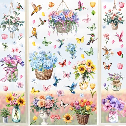 Cmaone Spring Window Clings Tulip Flower Window Stickers Hello Spring Double-Side Glass Decals for Home Office School Party Shop Display Decoration