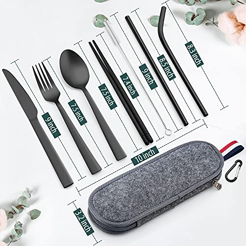 Utensílios de viagem preto fosco com estojo, conjunto de talheres de viagem reutilizáveis E-far 8 pe