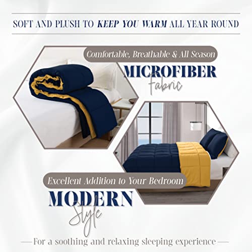 Image of Elegant Comfort 3-Piece Reversible Comforter Set, All Season Cozy, Soft Down Alternative, Quilted - Box Stitched - Duvet Insert with 4 Corner Tabs, Comforter with Shams, Cali King, Navy /Yellow
