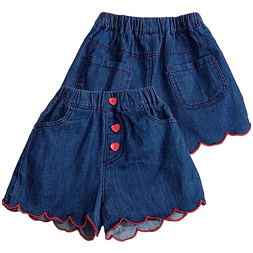Short jeans de renda bordado vermelho com botões e bolsos para meninas, Azul, 4-5 Anos