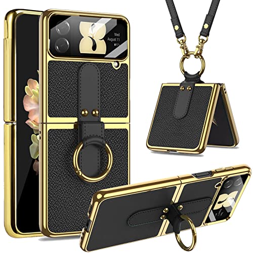 Coque Samsung Z Flip 4 en cuir noir Miimall avec anneau et cordon de protection