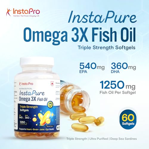 Image of InstaPure Omega 3X Triple Strength Fish Oil | 1250mg with 540mg EPA & 360mg DHA | Clinically Recommended for Diabetic Heart & Nerve Health | 60 Softgels