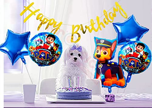 Image of Propsicle Paw-Ptrol Foil Balloon Pack of 5 with Happy Birthday Golden Cursive Banner Pack of 5 Baby Birthday Party Supplies Item