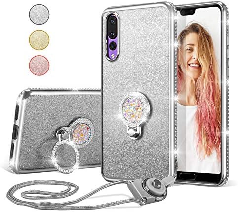 UEEBAI Case For Huawei P30 Lite Huawei Nova 4e, Glitter Soft TPU Case with Shining Diamond 360 Degree Rotatable Ring Kickstand Ultra Slim Shockproof with Lanyard for Huawei P30 Lite/Nova 4e -Rose Gold
