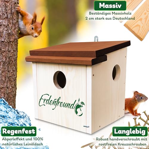 ERDENFREUND® Eichhörnchen Kobel artgerecht mit 3 Fluchtlöchern Eichhörnchenhaus zum Nisten Jungtiere aufziehen und für die Winterruhe von Eichhörnchen