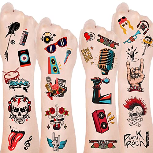 20 hojas de tatuajes temporales de rock and roll Rock N Roll Party Favors Decoraciones Suministros para niños Fiesta de cumpleaños de rock para adultos Fiesta temática de Born to Rock