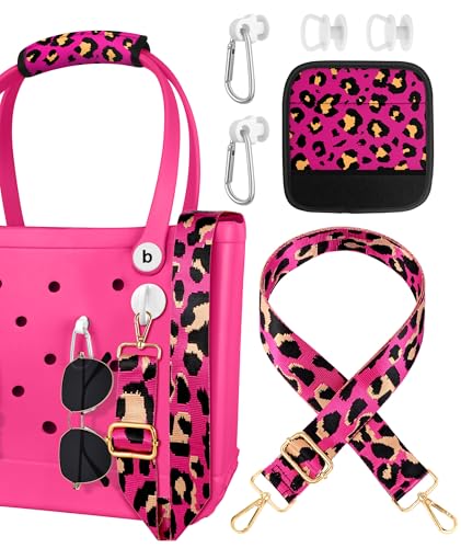 Image of Bag Strap Charms Crossbody for Bogg Bag Accessories - Shoulder Strap Neoprene Luggage Handle Wrap for Suitcase & 2 Key Holders Pink Leopard