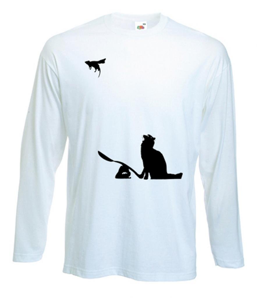 Tribal T-Shirts Mens Banksy Cat and Mouse Long Sleeve T-Shirt (Medium, White)