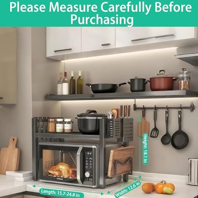 Adjustable Microwave Oven Rack, Microwave Stand Shelf Heavy Duty 2-Tier Shelf with Cutting Boards Stand Knife Rack and Chopstick Holder for Kitchen Shelves Counter Top Organizer, Holds 55lbs,6 Hooks