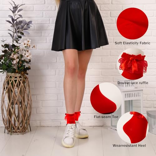 3 Pairs Women Ruffle Socks Adult Double Lace Frilly Sock with Bow Back,Size 9-112