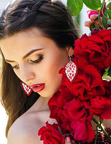 Valentine's Day Leather Earrings For Women Lightweight Faux Leather Teardrop Dangle Earrings Heart-Shaped Print Drop Earrings Set Valentine Day Gift For Her Wife Mom Girlfriend (3) #TOP3
