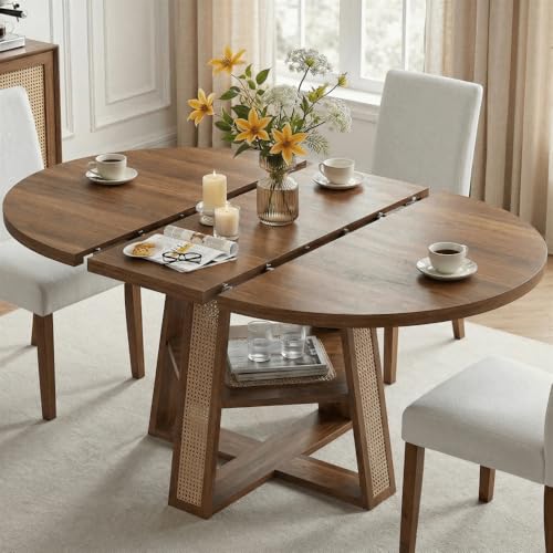 LIKIMIO 43-59 Extendable Round Dining Table for 4-8 Oval Dining Room Table with Removable Leaves Space Saving Wood Base Kitchen Table with Storage Shelf for Living Room Walnut