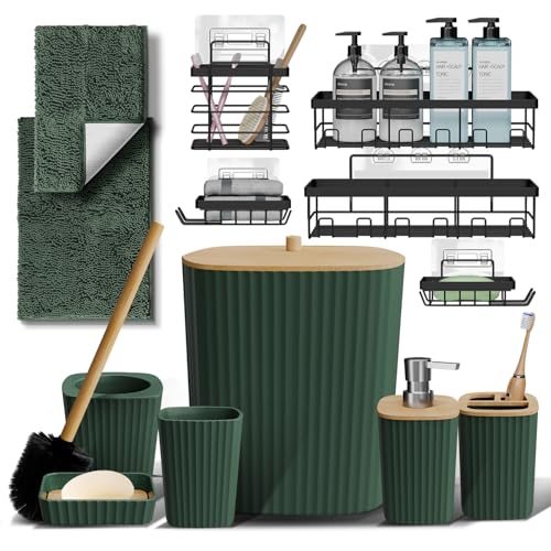 Clara Clark Bathroom Set - Hunter Green Bathroom Accessories Set, 6PC Bathroom Accessory Set, Bathroom Sets with Bathroom Rugs, Adhesive Corner Shower Caddy Hanging, Toilet Brush & Trash Can