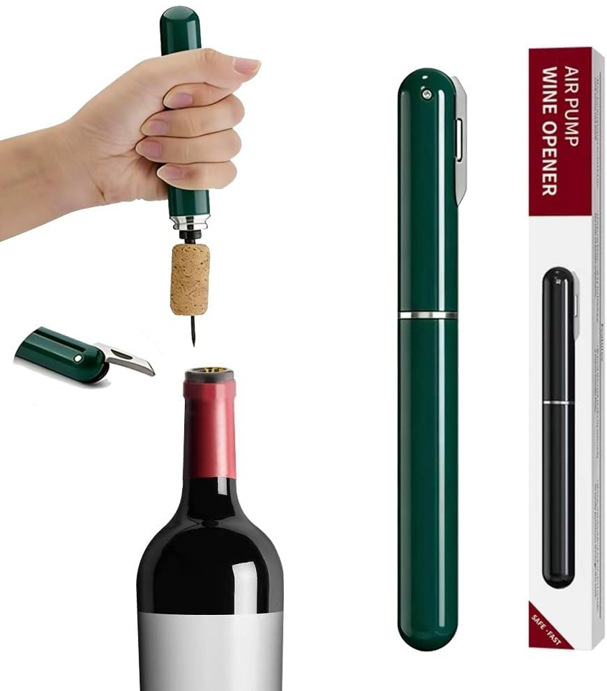 Image of IPEROT Portable Wine Bottle Opener, Air Pressure Wine Corkscrew with Foil Cutter, Lightweight Manual Cork Remover for Picnic, Travel, Camping and Home Bar, Green