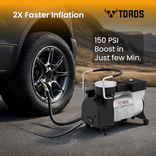 Image of TOROS Classic Heavy-Duty Tyre Inflator /Air Compressor,180 Watts, Copper Armature, Metal Cylinder, 35 Liters Per Minute, 12V Dc, 150 Psi