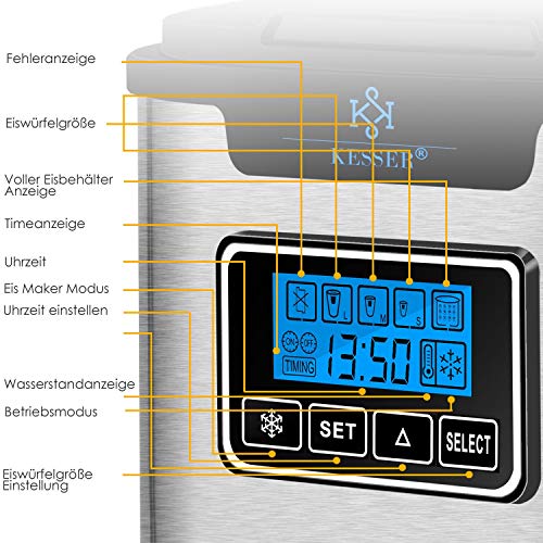 KESSER® Eiswürfelbereiter | Eiswürfelmaschine Edelstahl | 150W Ice Maker | 12 kg 24 h | 3 Würfelgrößen | Zubereitung in 7 min | 2,2 Liter Wassertank | Timer | LCD-Display | Inkl. Zubehör, Silber – Bild 4