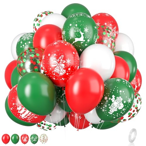 Image of Christmas Balloons, 12 Inch Green Red White Xmax Balloons with Deer Christmas Tree Printed Balloons Red Green Confetti Balloons for Christmas Party Baby Shower Birthday Decorations Supplies