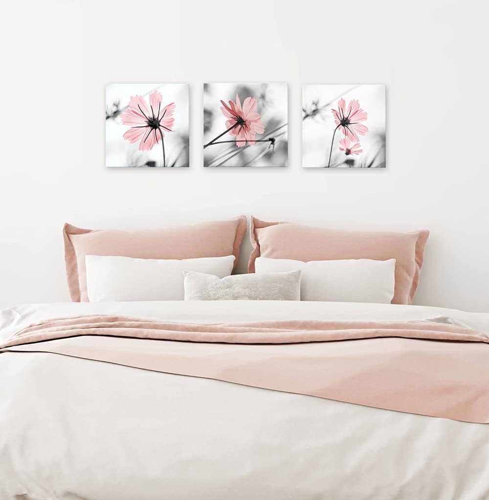 Genius Decor- Modern Bedroom Wall Art Pink Gray Flower Pictures Canvas Art Prints Framed Abstract Blush Wall Decoration (Pink)