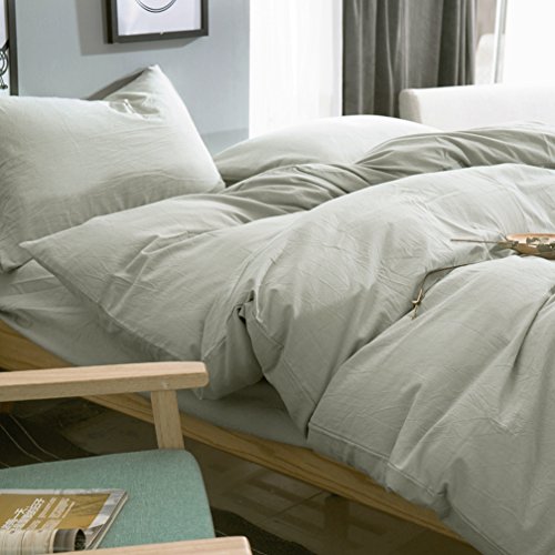 Eikei Washed Cotton Chambray Duvet Cover Solid Color Casual Modern Style Bedding Set Relaxed Soft Feel Natural Wrinkled Look (Queen, Pale Sage)