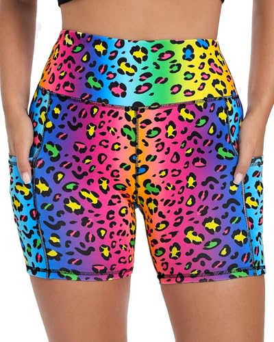 AHLW Rainbow Leopard Workout Shorts for Women with Pockets - High Waisted Stretchy Buttery Soft Athletic Running Yoga Shorts 5 inches