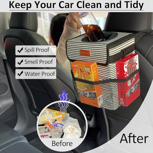 Image of ELONGRIVER Car Trash Can for Car with Lid, Car Organizer Can Trash Bag Hanging Leak Proof Vehicle Trash Can (Stripe Print, 2 Gallons)