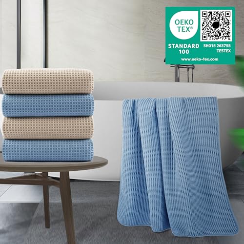 Image of POLYTE 430 GSM Microfiber Oversize Quick Dry Lint Free Bath Towel, 60 x 30 in, 4 Pack (Waffle Weave)