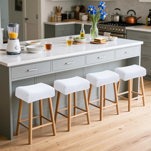 Image of Waterproof White Bar Stool Covers Set of 4 Rectangle Jacquard Stretchable Backless Barstool Seat Cover Counter Bar Stool Slipcovers Washable