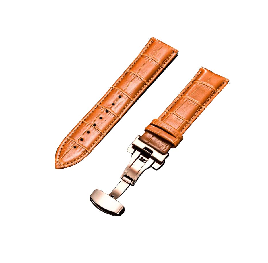 Image of 18mm 19mm 20mm 21mm 22mm 23mm 24mm Genuine Leather Butterfly Deployment Clasp Buckle Watch Band Strap Black Dark Brown TAN Blue Rose Black Gold White