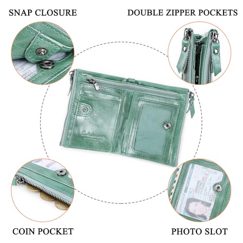 Image of CONTACTS Soft Leather Wallet for Women Small Bifold Coin Purse Double Zipper Card Holder with RFID Blocking (Teal Green)