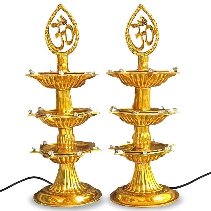 3-Layer Electric LED Diya Lamp Set, Golden Decorative Deepam with Om Design, Pack of 2, for Pooja and Festive Decor-image-26