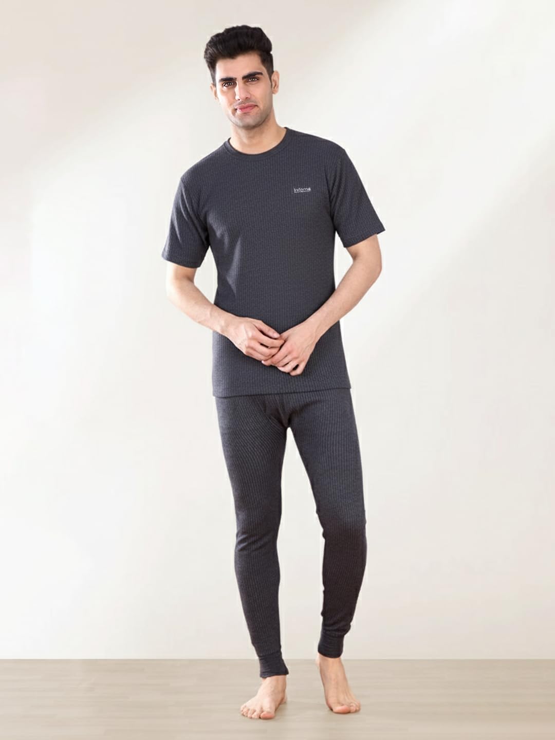 Lux Inferno Men's Thermal Set | Half Sleeve Crew Neck Top & Bottom Winter Innerwear | Soft & Warm Cotton Fabric