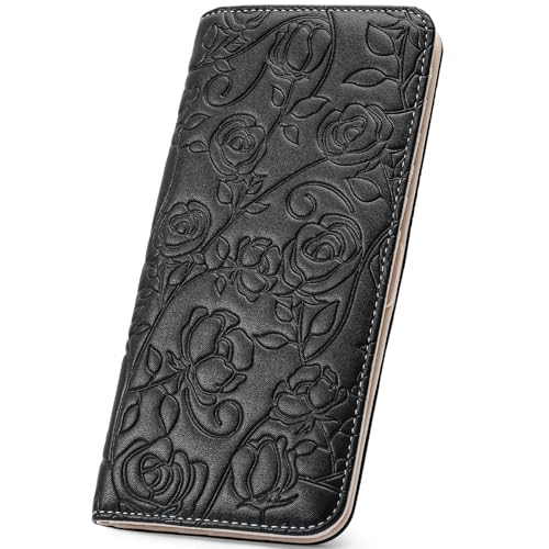 Wallet Women Ultra Slim Thin Womens Wallet RFID Blocking Bifold Clutch Long Ladies Wallet Rose BLACK